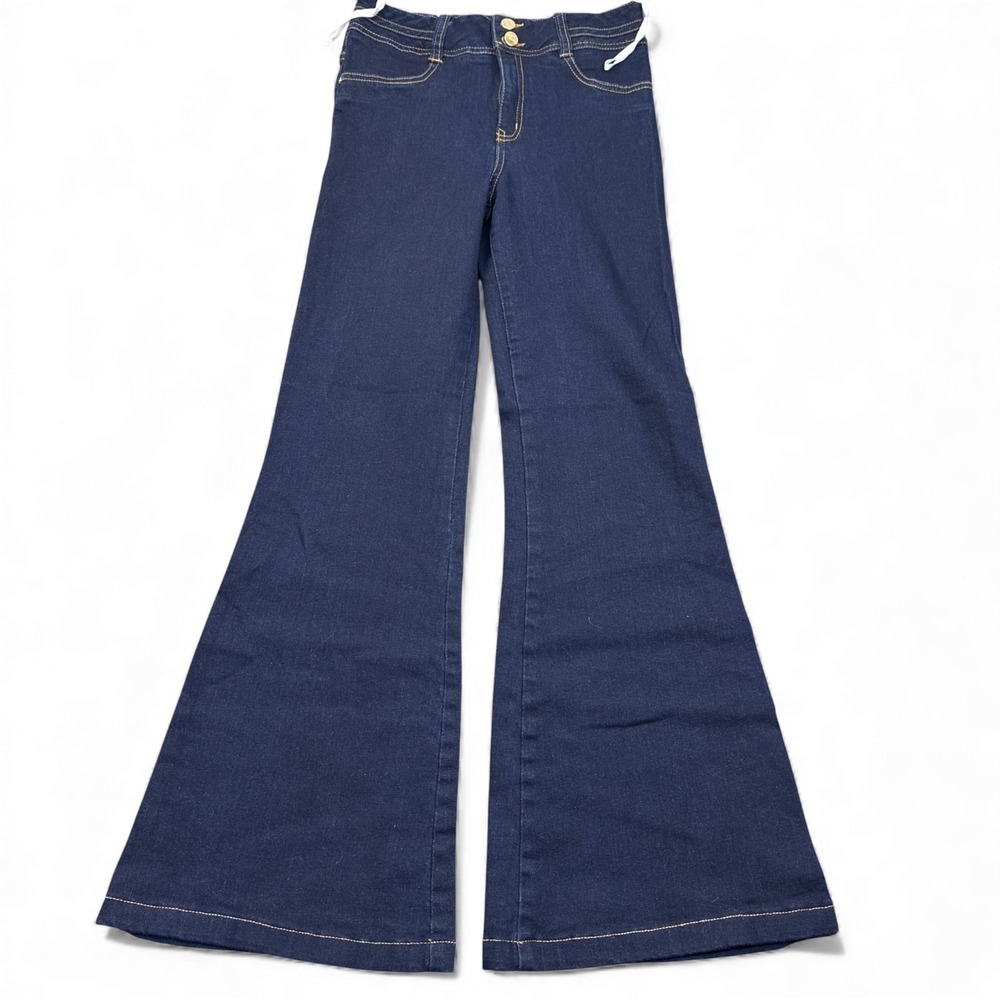ELA Flare Jeans Womens Size 8 Dark Wash Blue Low Rise Wide Leg Stretch Denim